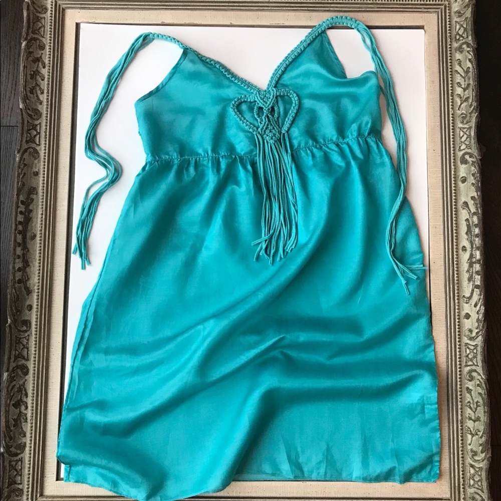 NWT -Silk and Cotton Turquoise Boho Mini Dress   Size M/L